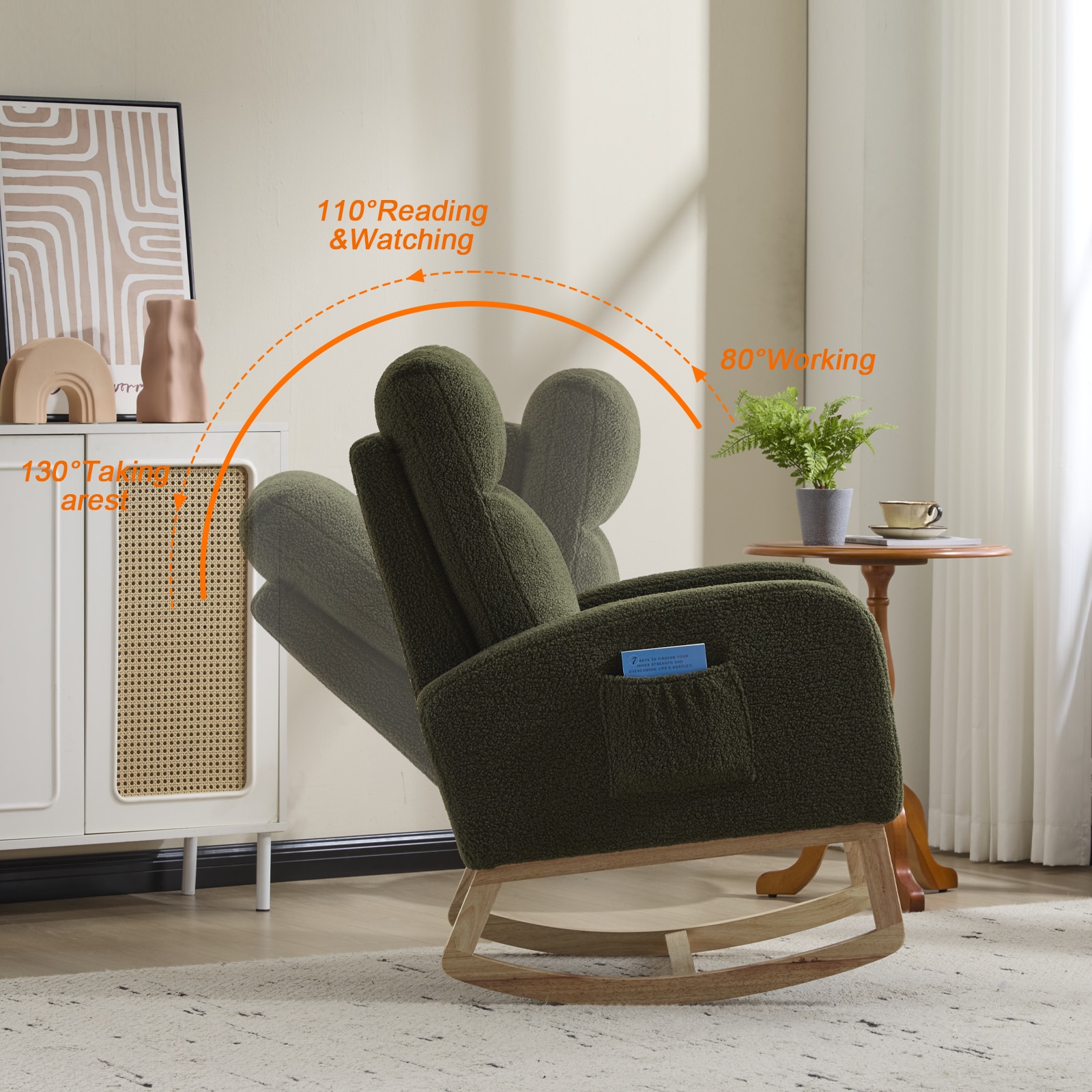 Modern Accent Rocking Chair Rocking Chair With Solid Wood Legs, Upholstered Nursery Glider Rocker, Comfy Armchair With Side Pocket, Living Room Lounge Arm Chair With High Backrest (Dark Green,teddy)_voghion.com